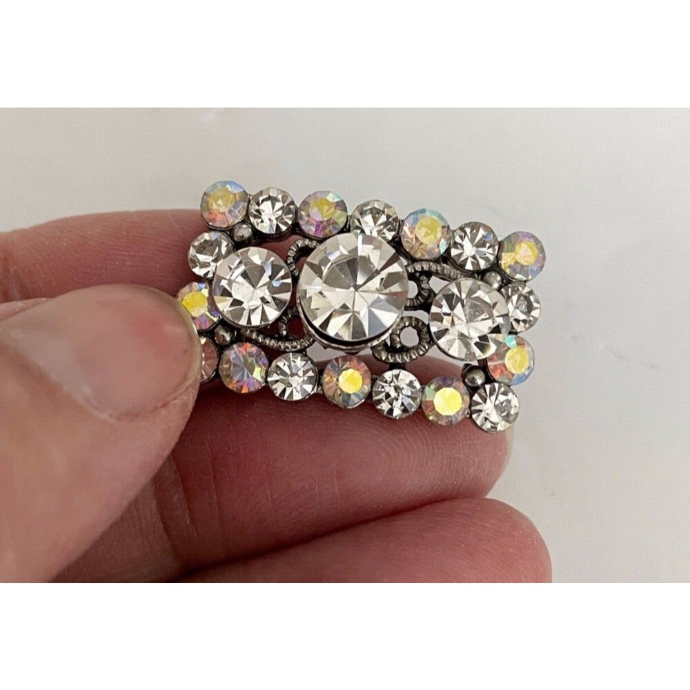 Large Rectangular Button Silver Tone Filagree w/Clear & Iridescent Rhinestones - Picture 2 of 13